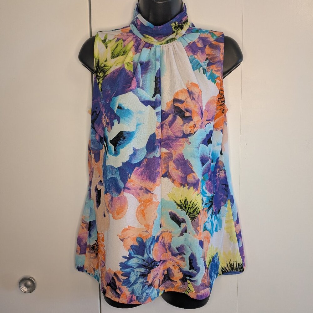 EUC Worthington Floral Mock Neck Sleeveless Multicolor SZ L